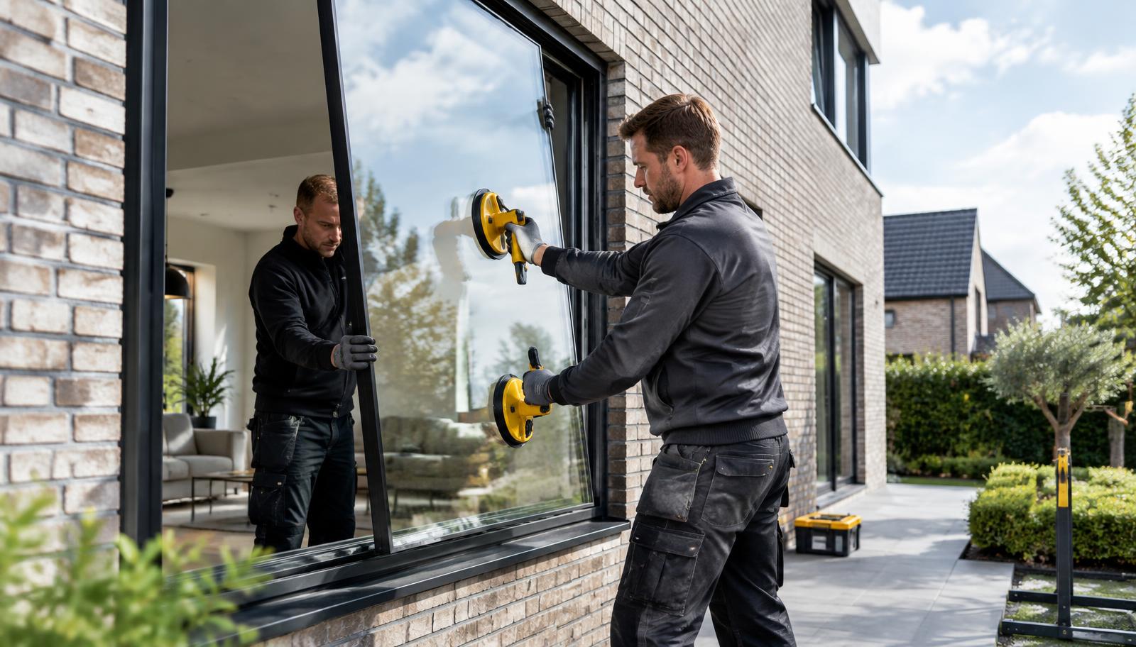 Glaszetter plaatst nieuw glas in een erker van een woning in Helmond